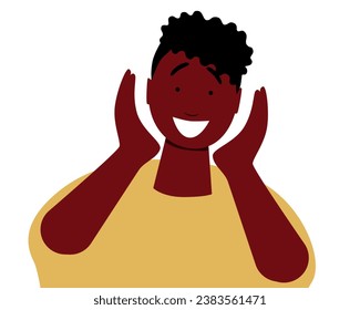 Afro man with facial expressions such as excitement, vector flat illustration, genuine emotions of joy