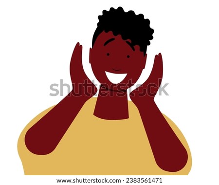 Afro man with facial expressions such as excitement, vector flat illustration, genuine emotions of joy