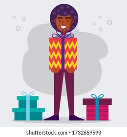 afro man holding gift box vector illustration 