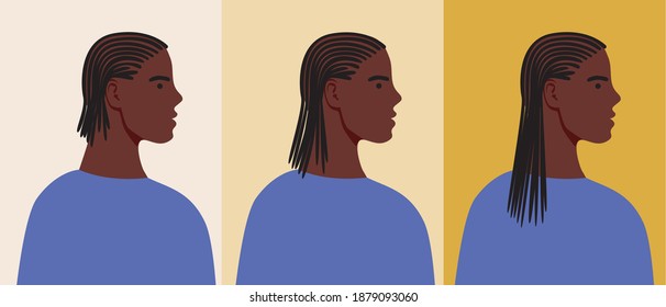 Afro man isolated, afro hairstyle. Our flat stock illusion. Hair growth concept, hairstyle, dreadlocks. African person, dreadlocks growth progress. Black curly hair, afro style. Set of illustrations