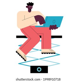 afro man with laptop technology character