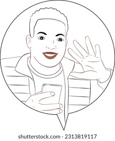 Afro man on video call vector line art