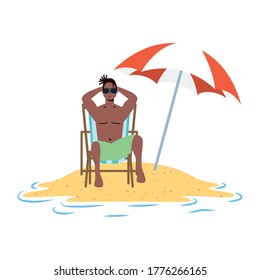 afro man relaxing on the beach seated in chair and umbrella vector illustration design