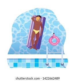 afro man with swimsuit and float mattress in water