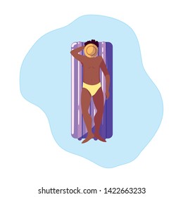 afro man with swimsuit and float mattress in water