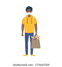 afro man using medical mask with supermarket bag vector illustration design