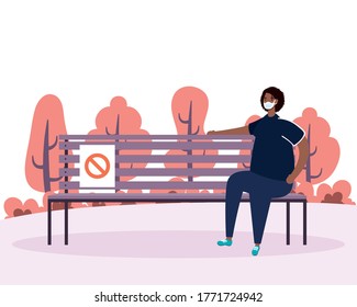 afro man wearign medical mask in park scene vector illustration design