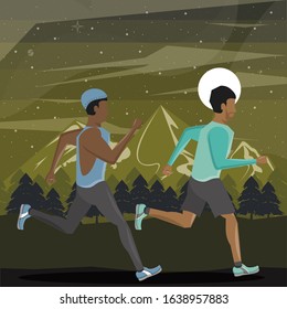 afro men running at night in the field scene vector illustration design