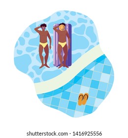 afro men with swimsuit and float mattress in water