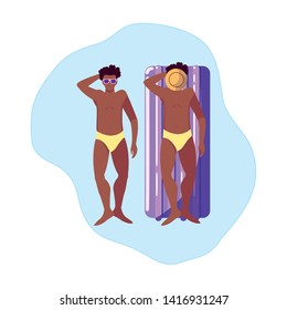 afro men with swimsuit and float mattress in water