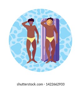 afro men with swimsuit and float mattress in water