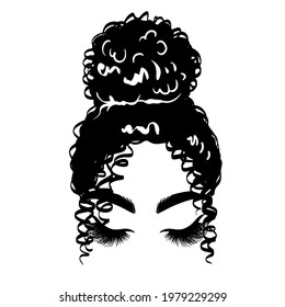 Afro Messy Hair Bun, Long Black Lashes. Vector Woman Silhouette With Beautiful Eyelashes. Girl Drawing Illustration. Female Curly Hairstyle.