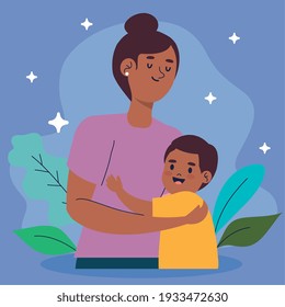 afro mother hugging son characters