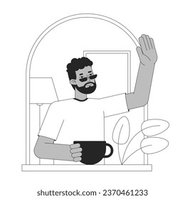 Afro neighbour bw concept vector spot illustration. Good neighborhood. Man waving from window 2D cartoon flat line monochromatic character for web UI design. Editable isolated outline hero image