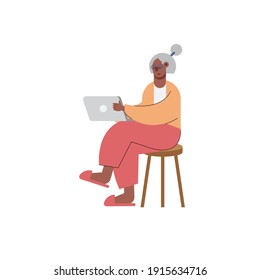 afro old woman using laptop technology character seated in chair vector illustration design