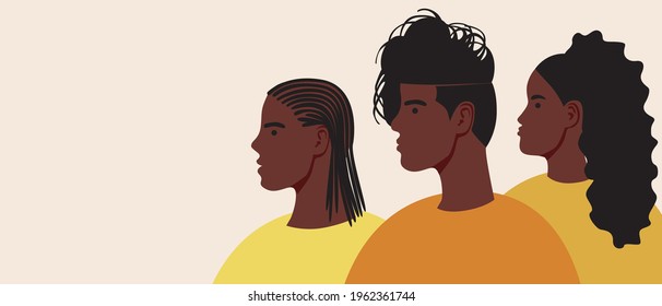 Afro people, copy space template. Flat vector stock illustration. Afro community of men and women. People with black skin together as a template for design. Overlay illustration