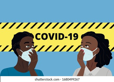 Afro people in face masked, quarantine and safety with coronavirus. Pandemic disease. Man and woman are afraid of the disease, protection against the virus.