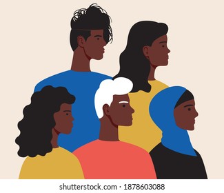 Afro people isolated. Flat vector stock illustration. Afro community concept. Men, women with black skin. Faces of African people in profile. Different nationalities, regions. Islamic woman