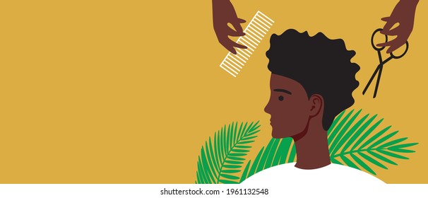 Afro person with unisex hairstyle cuts hair. Flat vector stock illustration. Template with copy space for design. Non-binary curly hair. Visit to the hairdresser. Illustration with place for text