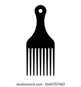 Afro pick comb vector icon. Hair styling tool for curly, coily, natural afro-textured hair care. Black silhouette of wide tooth plastic comb for grooming and detangling.