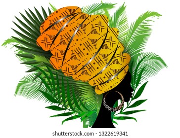 Afro portrait beautiful silhouette African woman in traditional turban, Kente head wrap Afro, Traditional dashiki printing Batik style ethnic geometric pattern. Vector isolated with green palm leaves