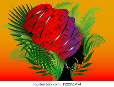 Afro portrait beautiful silhouette African woman in traditional turban, Kente head wrap Afro, Traditional dashiki printing Batik style ethnic geometric pattern. Vector isolated with green palm leaves