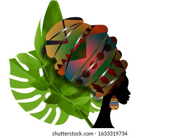 Afro portrait beautiful silhouette African woman in traditional turban, Kente head wrap Afro, Traditional dashiki printing Batik style geometric pattern. Vector isolated with green palm leaves