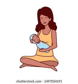 afro pregnancy mother seated lifting little baby characters
