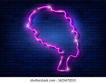 Afro retro girl neon sign. African woman in traditional turban, glowing pink neon female with retro hair style isolated on brick wall background. Vector for topics like night club, dance studio, disco