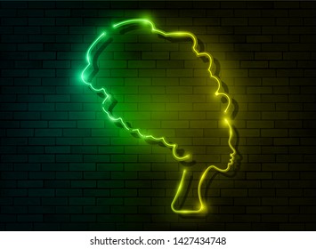 Afro retro girl neon sign. African woman in traditional turban, glowing blue neon female with retro hair style isolated on brick wall background. Vector for topics like night club, dance studio, disco