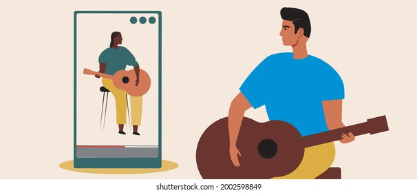 Afro student with a guitar online, learning to play the guitar. Flat vector stock illustration. Video for guitarists. Distance learning. Music education. Vector graphics