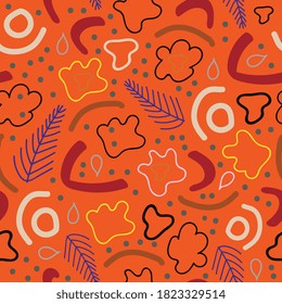 Afro style floral and shapes fall colors pattern. Grey, black, electric blue, wine red on orange background.