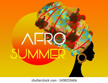 Afro Summer Party, Black African head woman with colorful turban, vector isolated on sunset background 