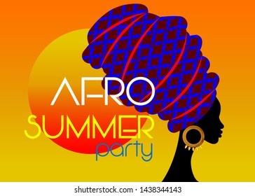 Afro Summer Party, Black African head woman with colorful turban, vector isolated on sunset background