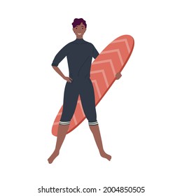 afro surfer with red surfboard