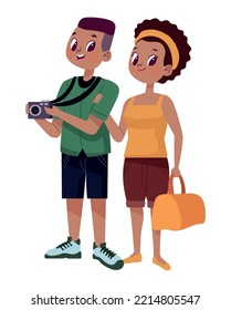 afro tourists couple with camera characters