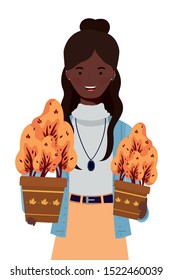 afro woman with autumn plant in ceramic pot vector illustration design