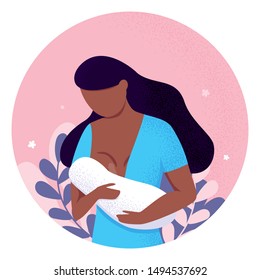 Afro woman breastfeeding her newborn baby holding and nursing him in hands. Lactation concept. Breast feeding week banner, happy mother day clip art. Child drinks milk from the female breast 