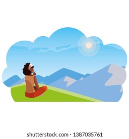 afro woman contemplating the horizon in the field scene