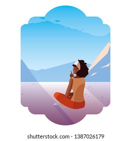 afro woman contemplating horizon in snowscape scene