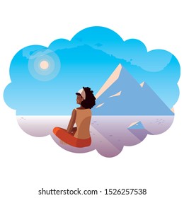 afro woman contemplating horizon in snowscape scene vector illustration design