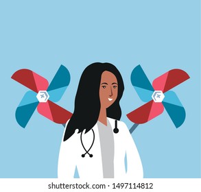 afro woman doctor with air toy labor day celebration