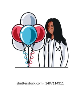 afro woman doctor with balloons helium labor day celebration