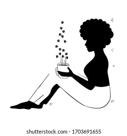 Afro woman drinking coffee. Magic of coffee beans emanating from cup. Hand drawn vector illustration