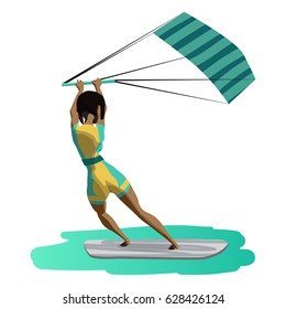 Afro woman drive at kite surfing. Back view. Girl windsurfing on water surface with air kite. Vector flat cartoon illustration on a isolated background