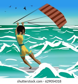 Afro woman drive at kite surfing. Back view. Girl windsurfing on water surface with air kite. Tropical sea summer landscape. Vector flat cartoon illustration