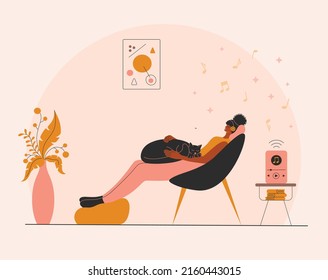 Afro Woman With Earphones Listening To A Music Online. Promo Banner For Podcast, Streaming, Online Show, Blogging, Radio Broadcasting. Vector Flat Illustration For Poster, Advertising. 