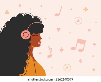 Afro woman with earphones listening to a music online. Promo banner for Podcast, Streaming, Online show, blogging, radio broadcasting. headphones. Vector illustration for poster, advertising.