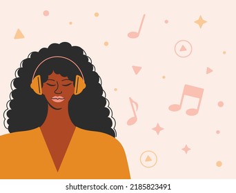 Afro woman with earphones listening to a music online. Promo banner for Podcast, Streaming, Online show, blogging, radio broadcasting. headphones. Vector illustration for poster, advertising.