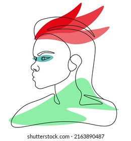 afro woman face one line minimalist with spots in the form of feathers